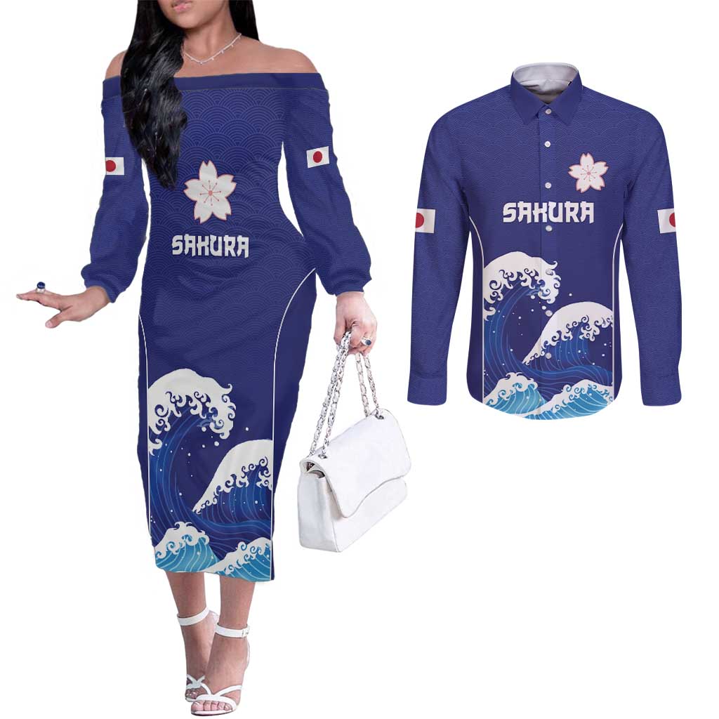 Japan Pacific Rugby Custom Couples Matching Off The Shoulder Long Sleeve Dress and Long Sleeve Button Shirt Go Sakura Japanese Wave Pattern