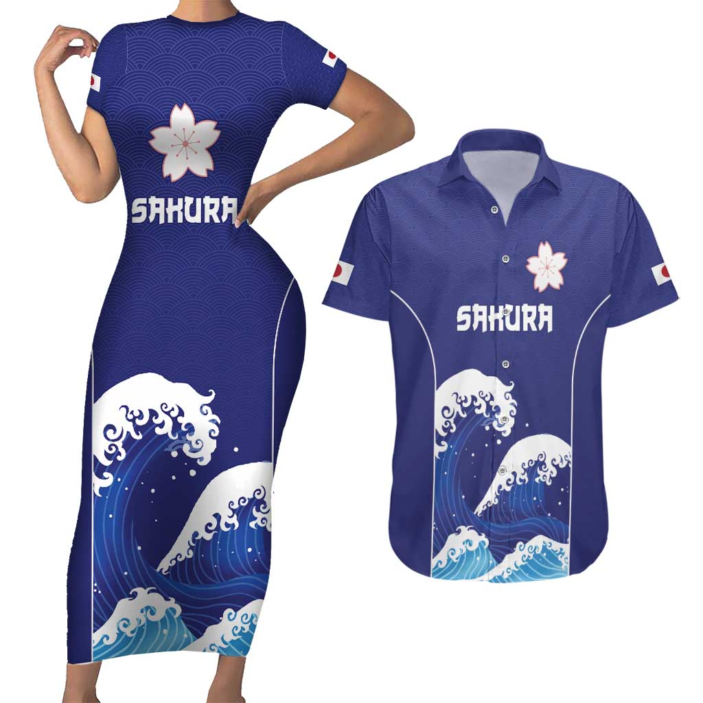 Japan Pacific Rugby Custom Couples Matching Short Sleeve Bodycon Dress and Hawaiian Shirt Go Sakura Japanese Wave Pattern
