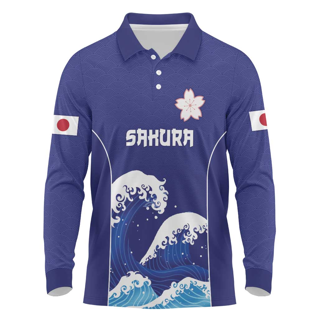 Japan Pacific Rugby Custom Long Sleeve Polo Shirt Go Sakura Japanese Wave Pattern