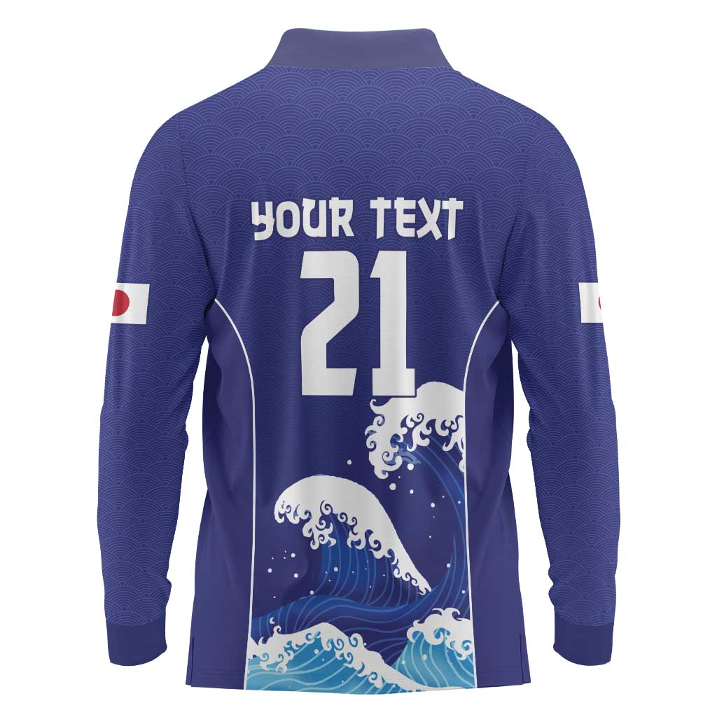 Japan Pacific Rugby Custom Long Sleeve Polo Shirt Go Sakura Japanese Wave Pattern