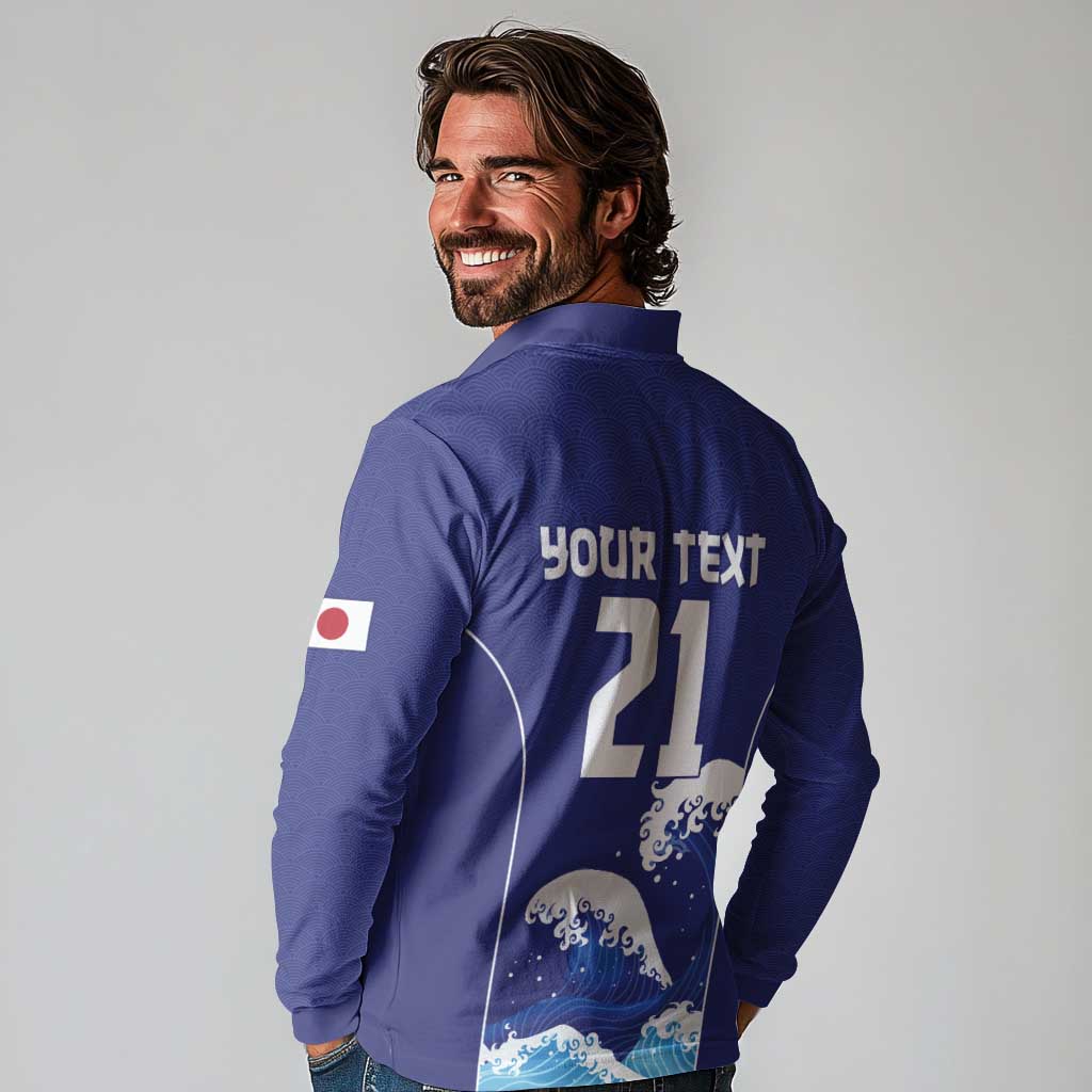 Japan Pacific Rugby Custom Long Sleeve Polo Shirt Go Sakura Japanese Wave Pattern