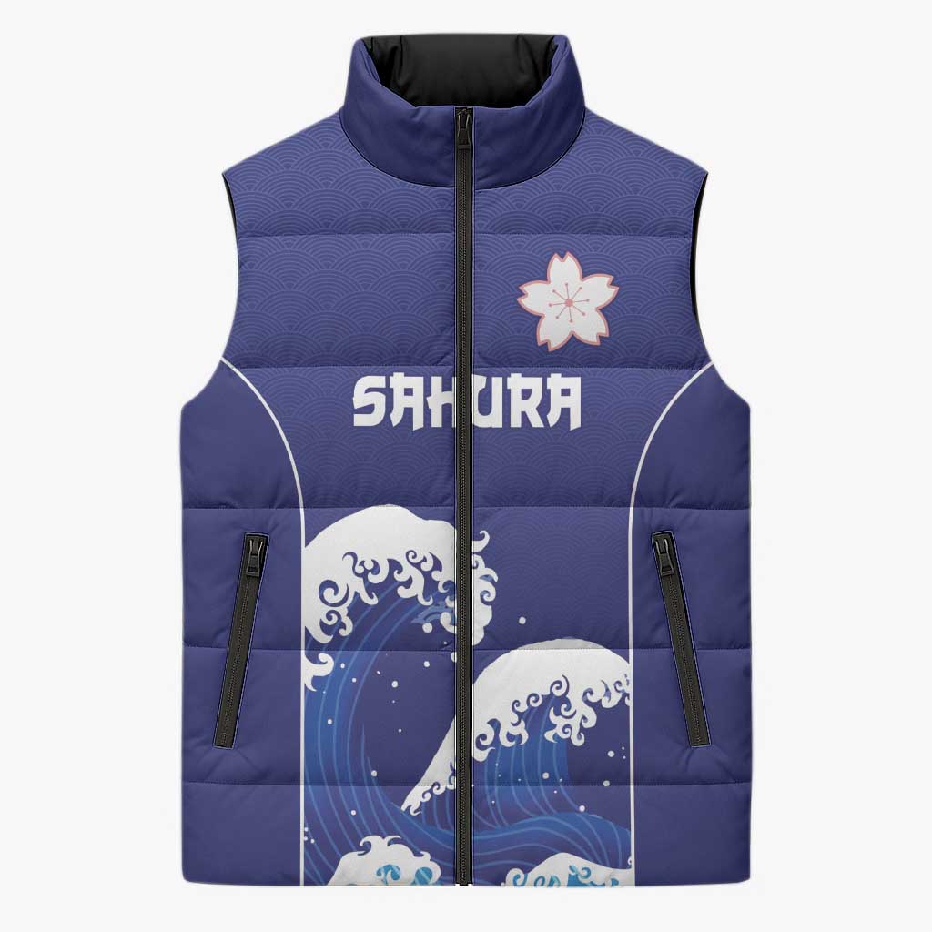 Japan Pacific Rugby Custom Sleeveless Puffer Jacket Go Sakura Japanese Wave Pattern - Polynesian Pride