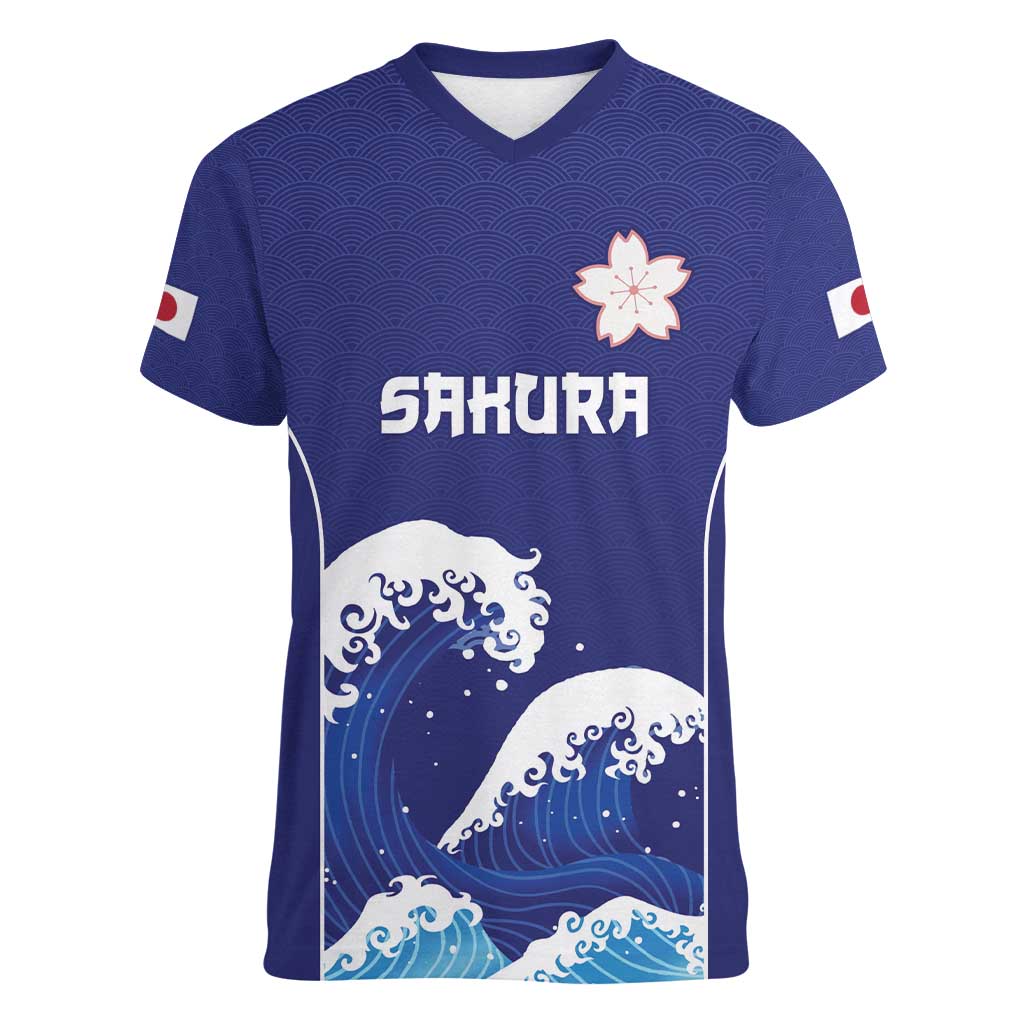 Japan Pacific Rugby Custom Women V-Neck T-Shirt Go Sakura Japanese Wave Pattern