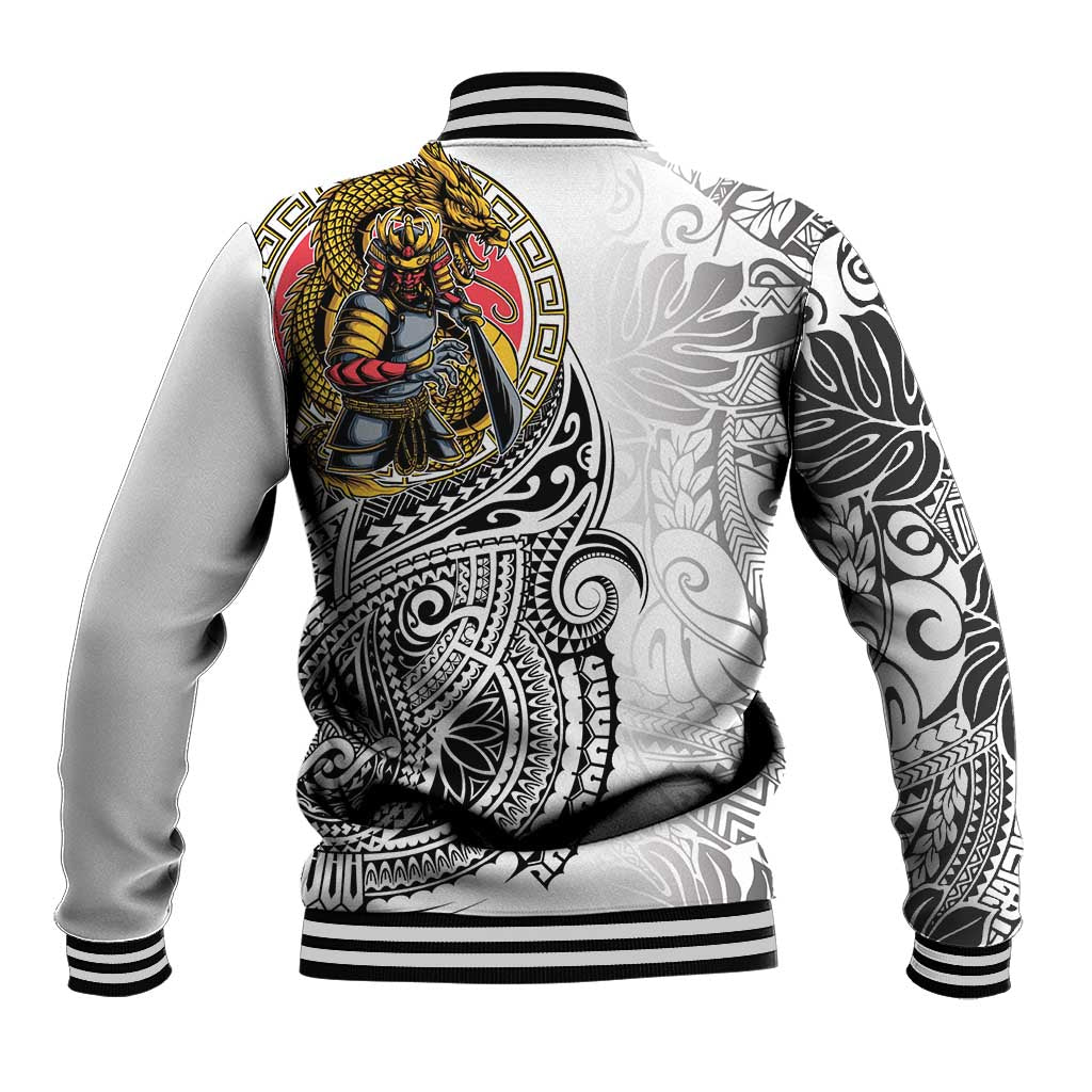 Japanese Samurai Warrior Baseball Jacket White Polynesian Tattoo Style