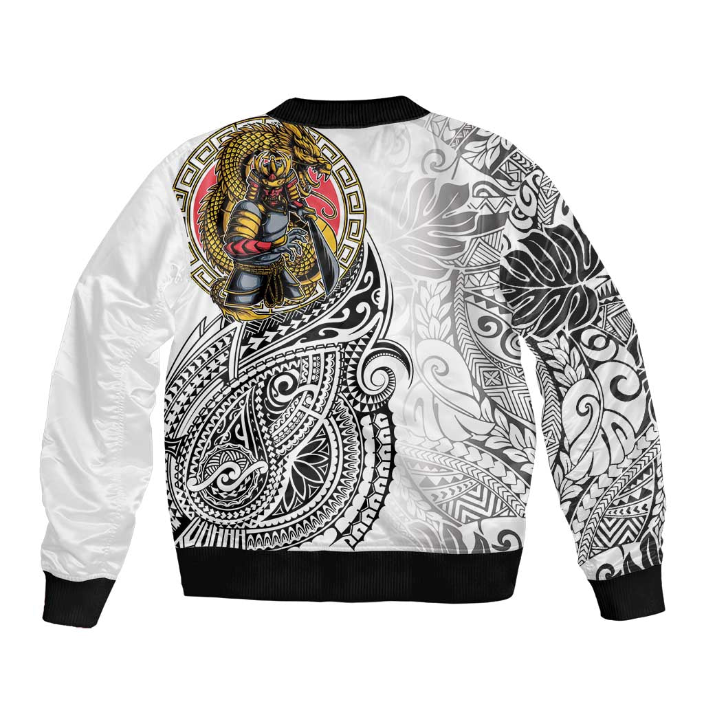 Japanese Samurai Warrior Bomber Jacket White Polynesian Tattoo Style LT9 - Polynesian Pride