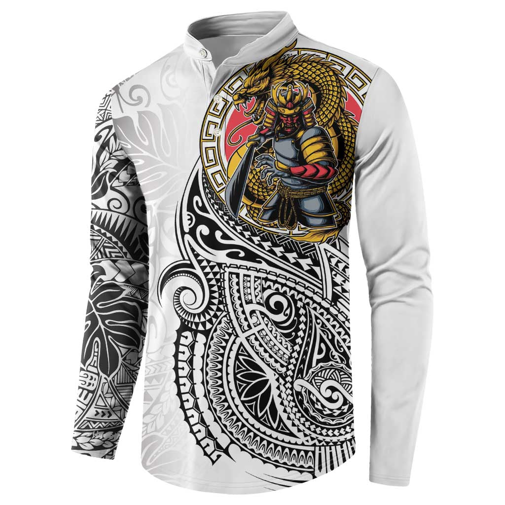 Japanese Samurai Warrior Button Sweatshirt White Polynesian Tattoo Style