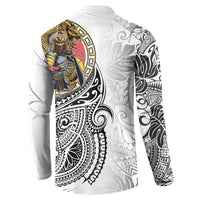 Japanese Samurai Warrior Button Sweatshirt White Polynesian Tattoo Style