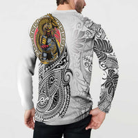 Japanese Samurai Warrior Button Sweatshirt White Polynesian Tattoo Style