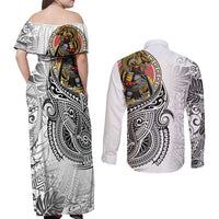 Japanese Samurai Warrior Couples Matching Off Shoulder Maxi Dress and Long Sleeve Button Shirt White Polynesian Tattoo Style