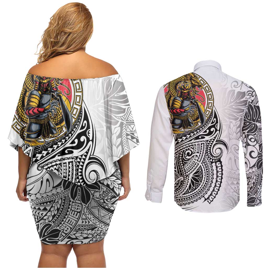 Japanese Samurai Warrior Couples Matching Off Shoulder Short Dress and Long Sleeve Button Shirt White Polynesian Tattoo Style