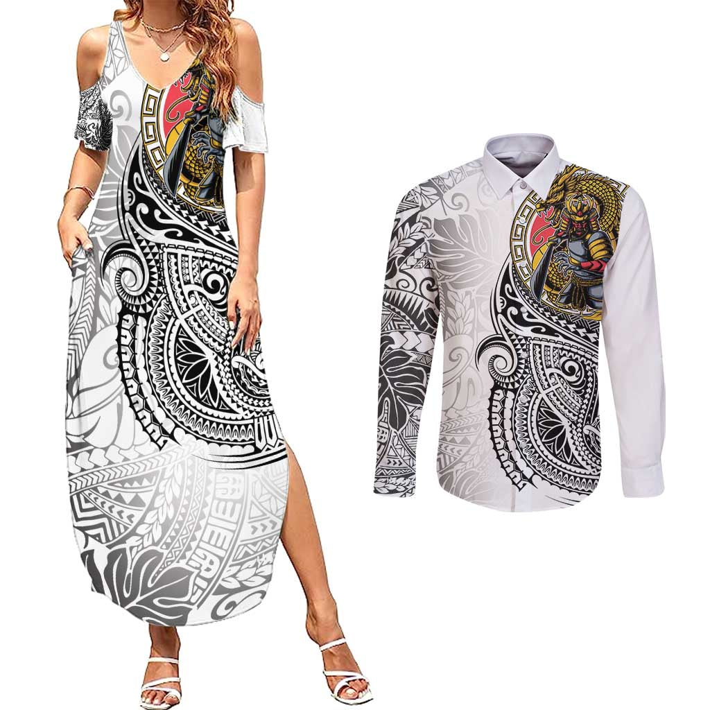 Japanese Samurai Warrior Couples Matching Summer Maxi Dress and Long Sleeve Button Shirt White Polynesian Tattoo Style