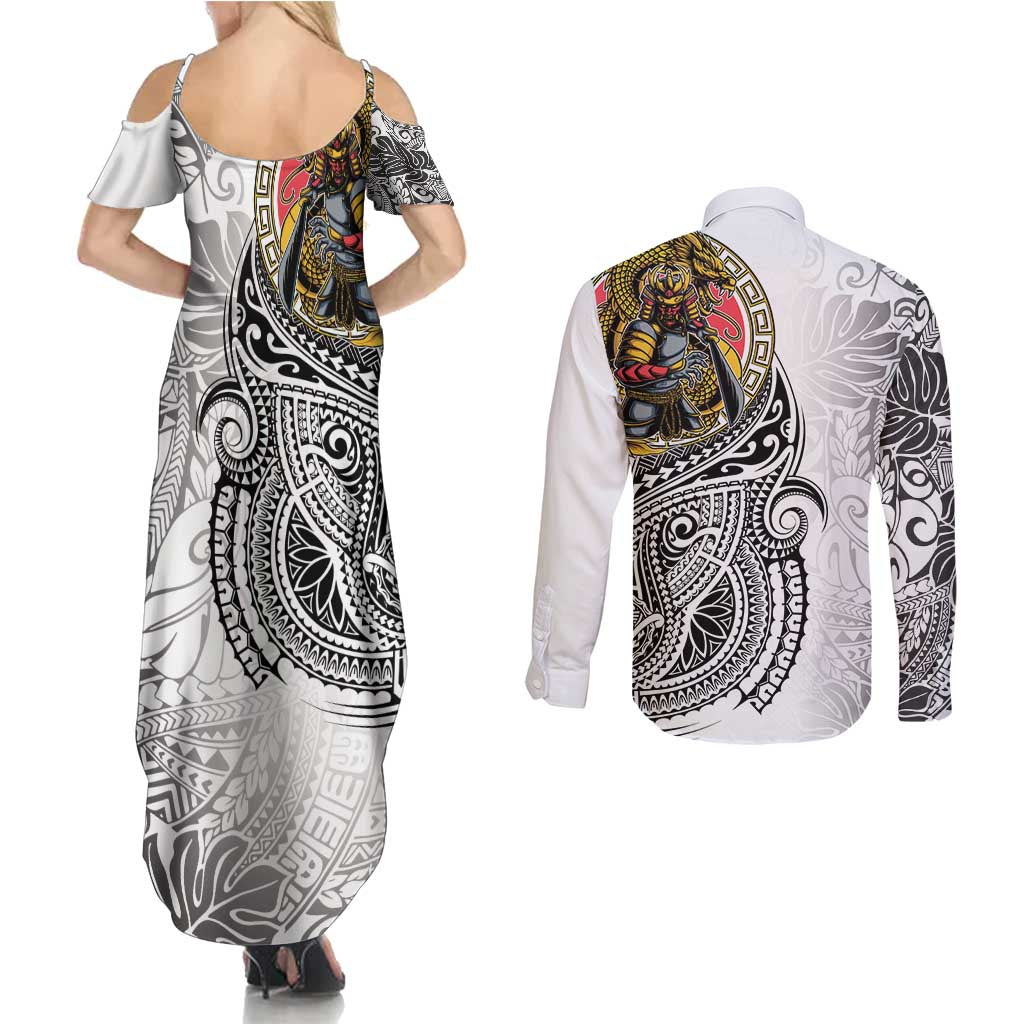 Japanese Samurai Warrior Couples Matching Summer Maxi Dress and Long Sleeve Button Shirt White Polynesian Tattoo Style
