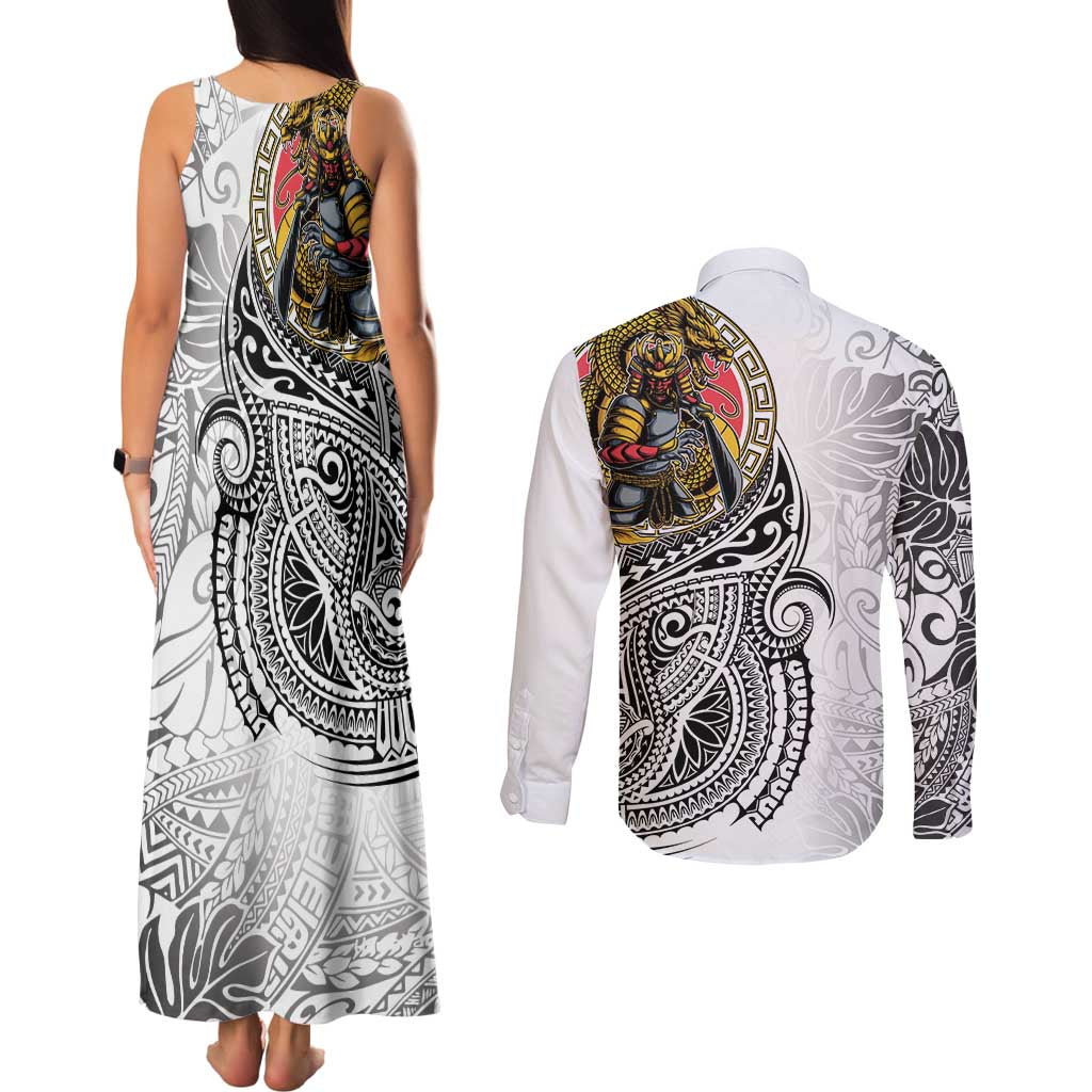 Japanese Samurai Warrior Couples Matching Tank Maxi Dress and Long Sleeve Button Shirt White Polynesian Tattoo Style