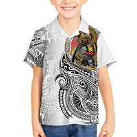 Japanese Samurai Warrior Family Matching Off Shoulder Short Dress and Hawaiian Shirt White Polynesian Tattoo Style