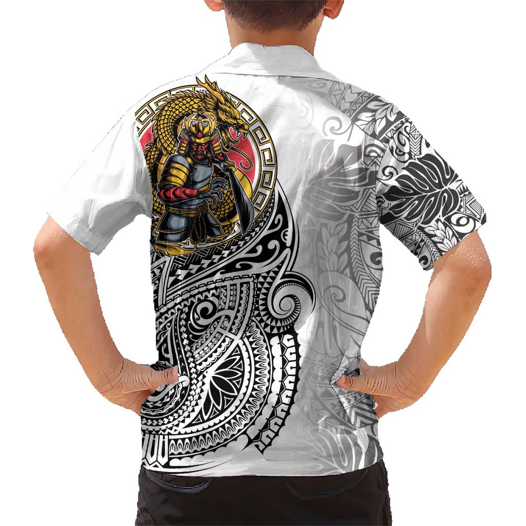 Japanese Samurai Warrior Family Matching Short Sleeve Bodycon Dress and Hawaiian Shirt White Polynesian Tattoo Style