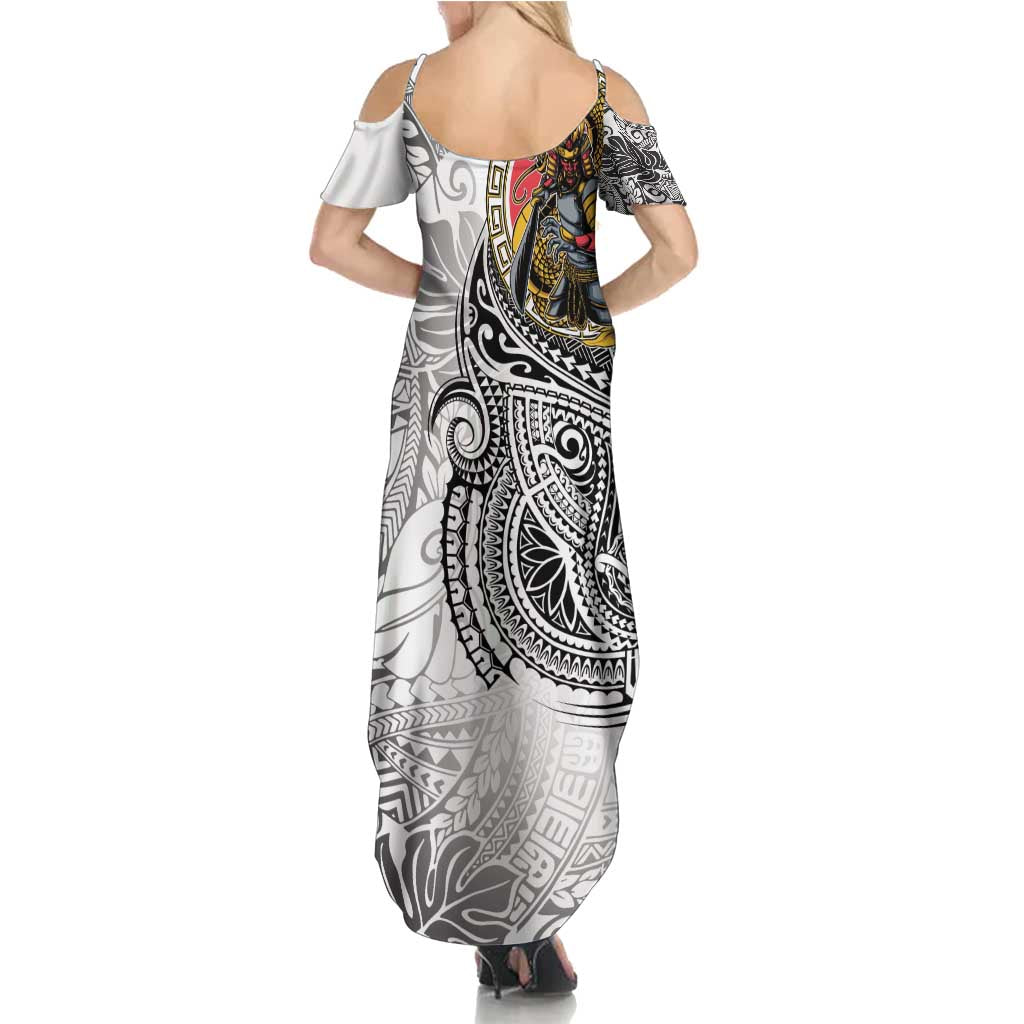 Japanese Samurai Warrior Family Matching Summer Maxi Dress and Hawaiian Shirt White Polynesian Tattoo Style