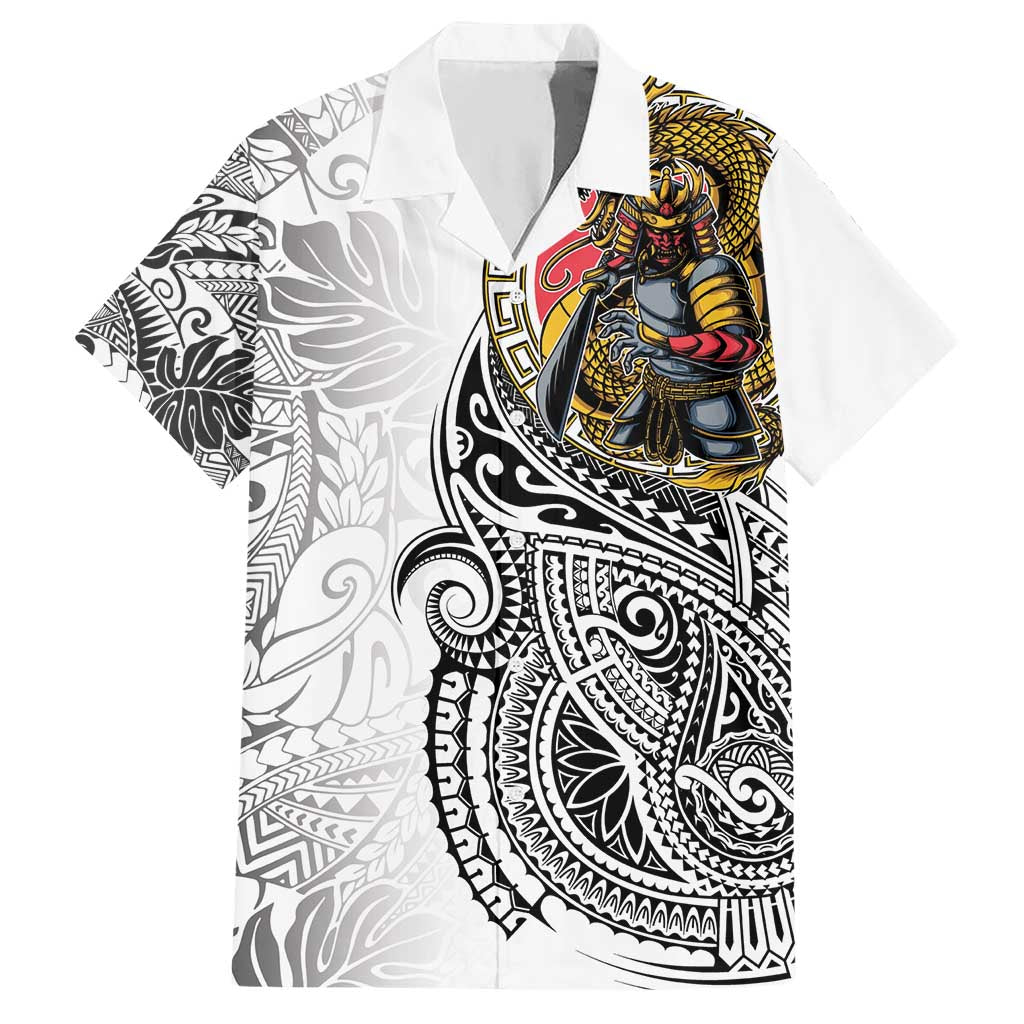 Japanese Samurai Warrior Hawaiian Shirt White Polynesian Tattoo Style