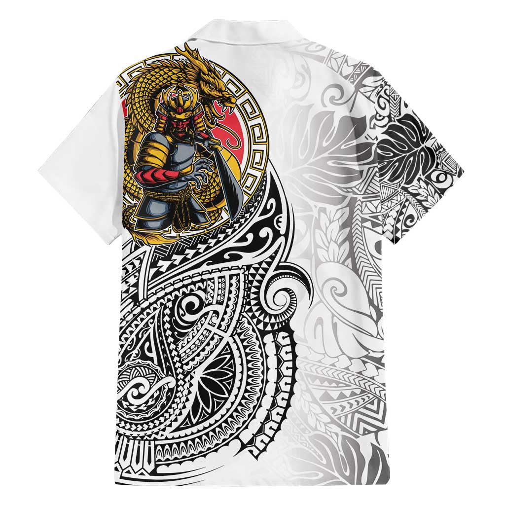 Japanese Samurai Warrior Hawaiian Shirt White Polynesian Tattoo Style