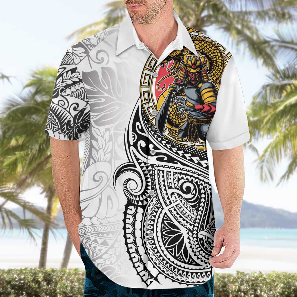 Japanese Samurai Warrior Hawaiian Shirt White Polynesian Tattoo Style