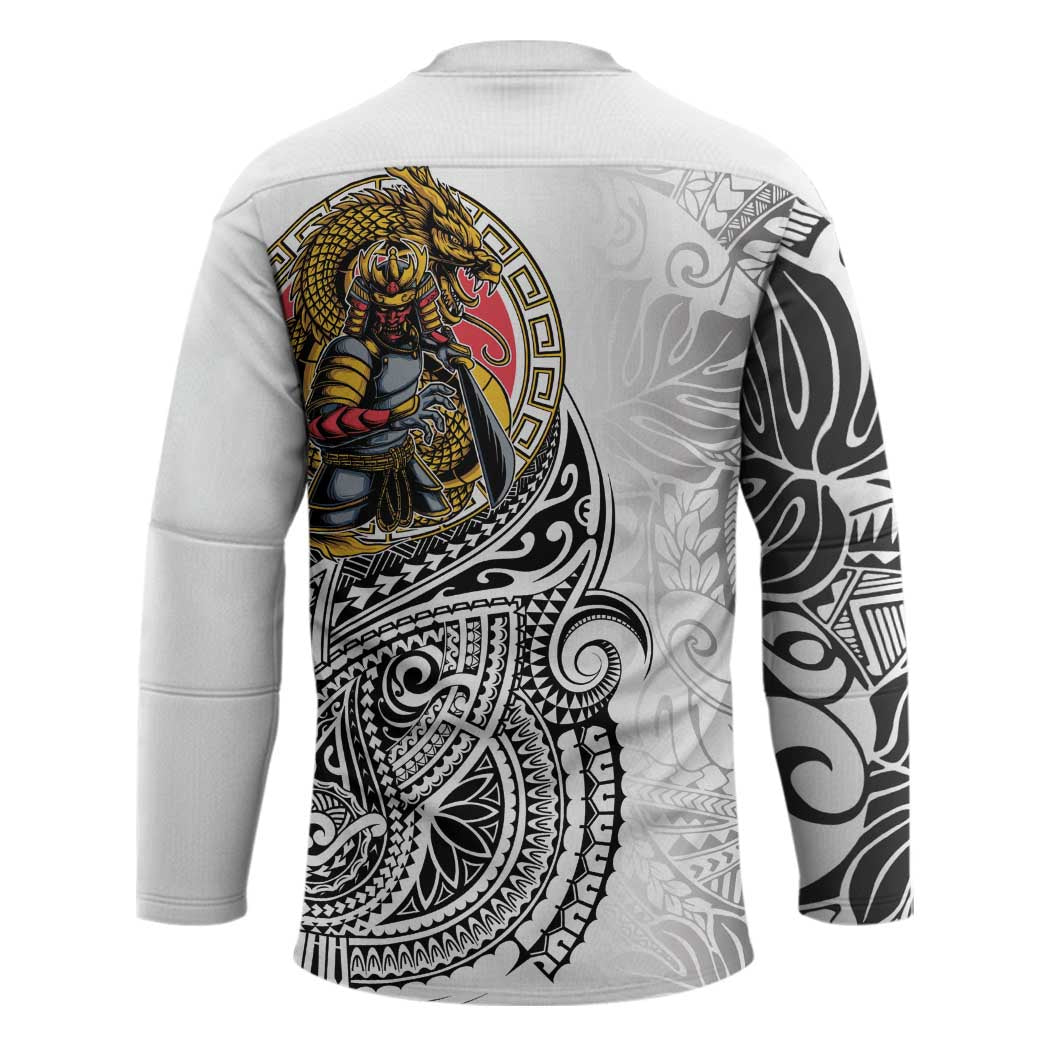 Japanese Samurai Warrior Hockey Jersey White Polynesian Tattoo Style - Polynesian Pride