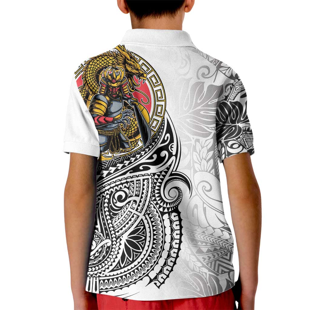 Japanese Samurai Warrior Kid Polo Shirt White Polynesian Tattoo Style