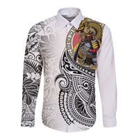 Japanese Samurai Warrior Long Sleeve Button Shirt White Polynesian Tattoo Style