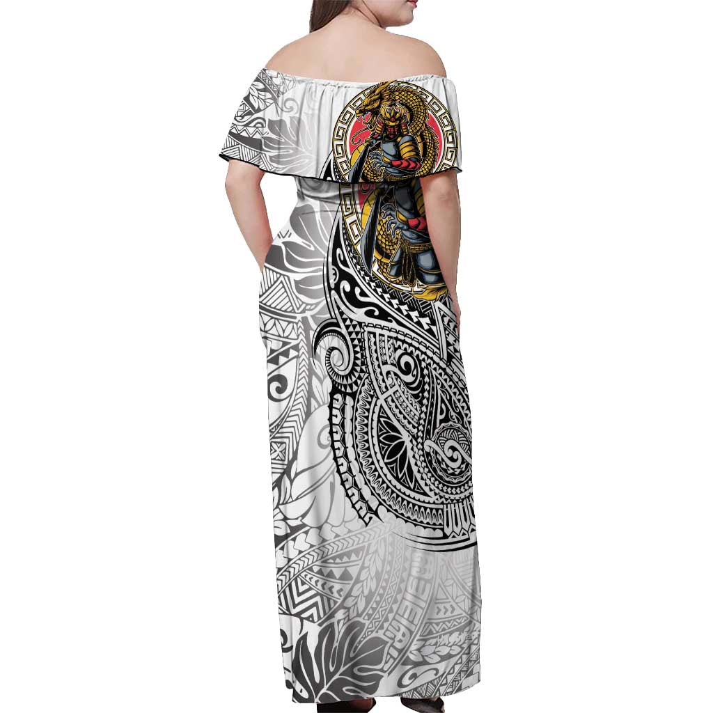 Japanese Samurai Warrior Off Shoulder Maxi Dress White Polynesian Tattoo Style
