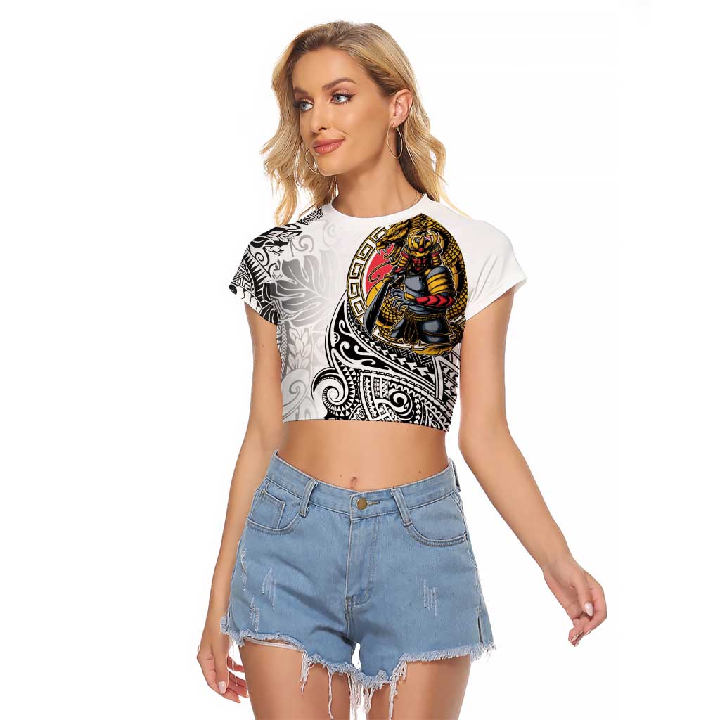 Japanese Samurai Warrior Raglan Cropped T Shirt White Polynesian Tattoo Style