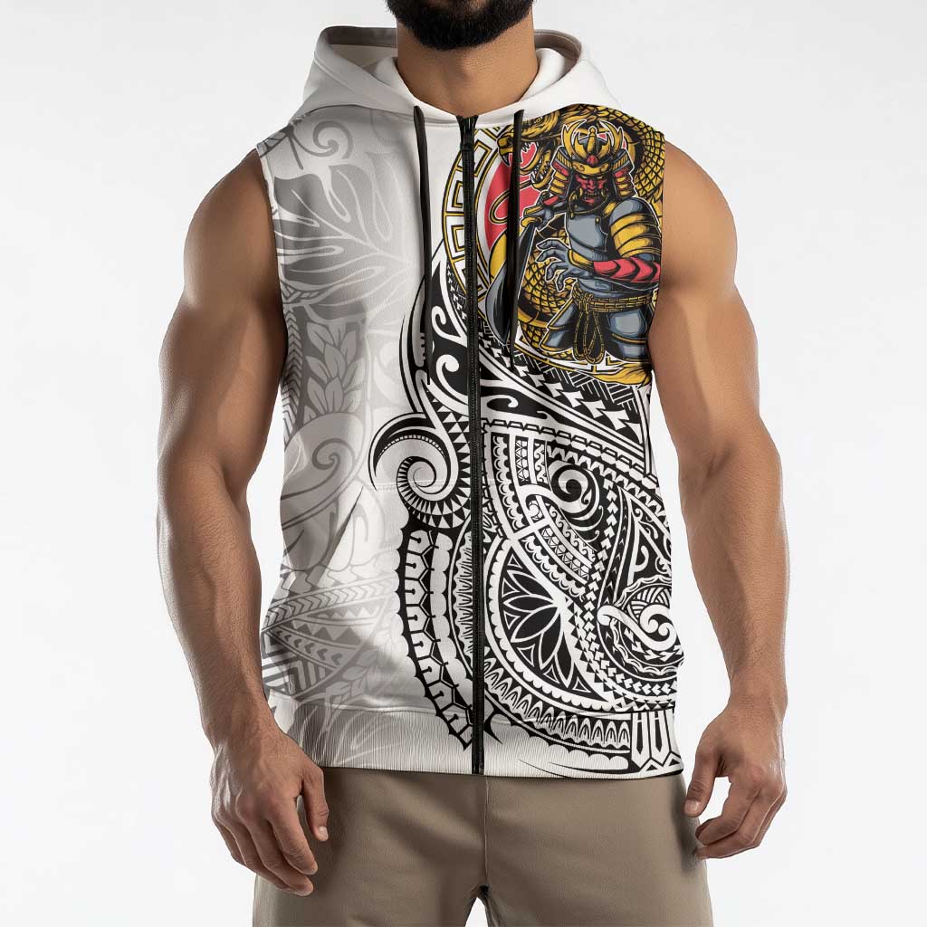 Japanese Samurai Warrior Sleeveless Zip Hoodie White Polynesian Tattoo Style - Polynesian Pride