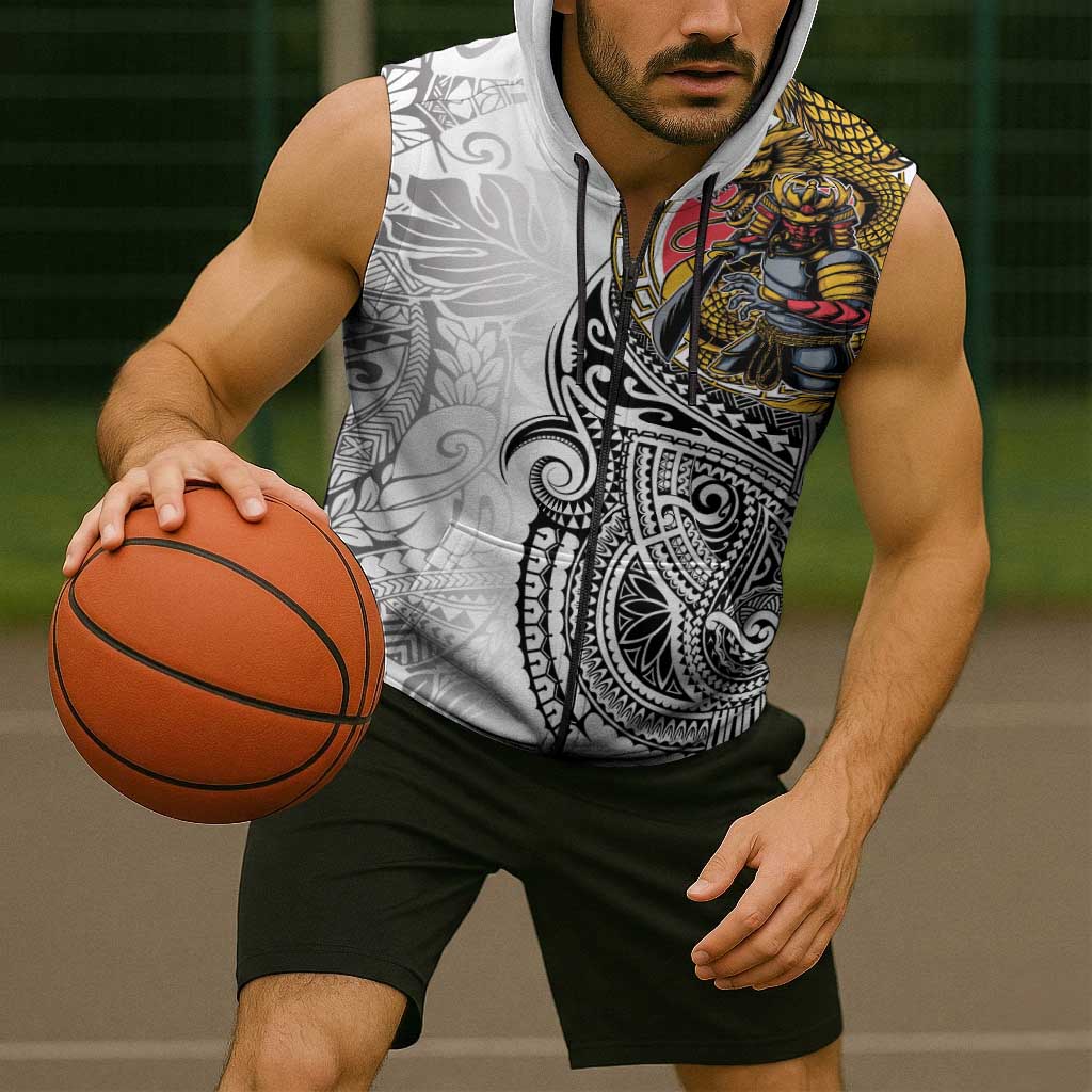 Japanese Samurai Warrior Sleeveless Zip Hoodie White Polynesian Tattoo Style - Polynesian Pride