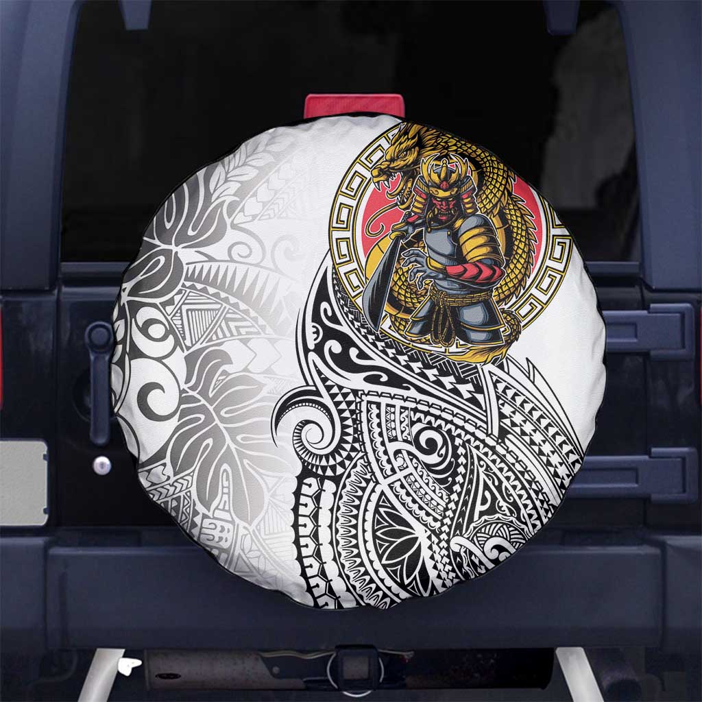 Japanese Samurai Warrior Spare Tire Cover White Polynesian Tattoo Style LT9 No hole White - Polynesian Pride