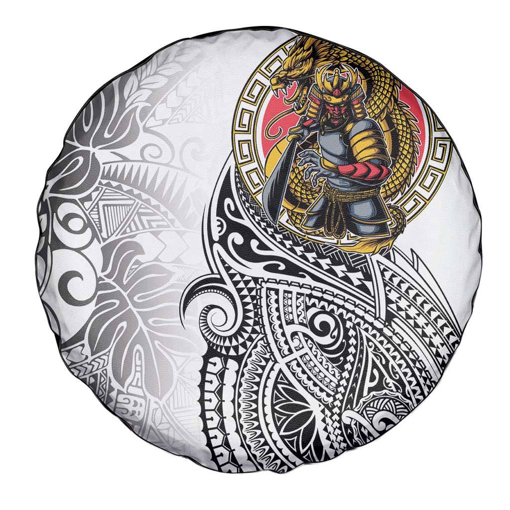 Japanese Samurai Warrior Spare Tire Cover White Polynesian Tattoo Style LT9 - Polynesian Pride