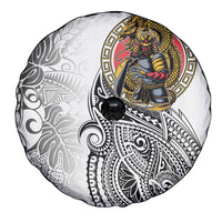 Japanese Samurai Warrior Spare Tire Cover White Polynesian Tattoo Style LT9 - Polynesian Pride