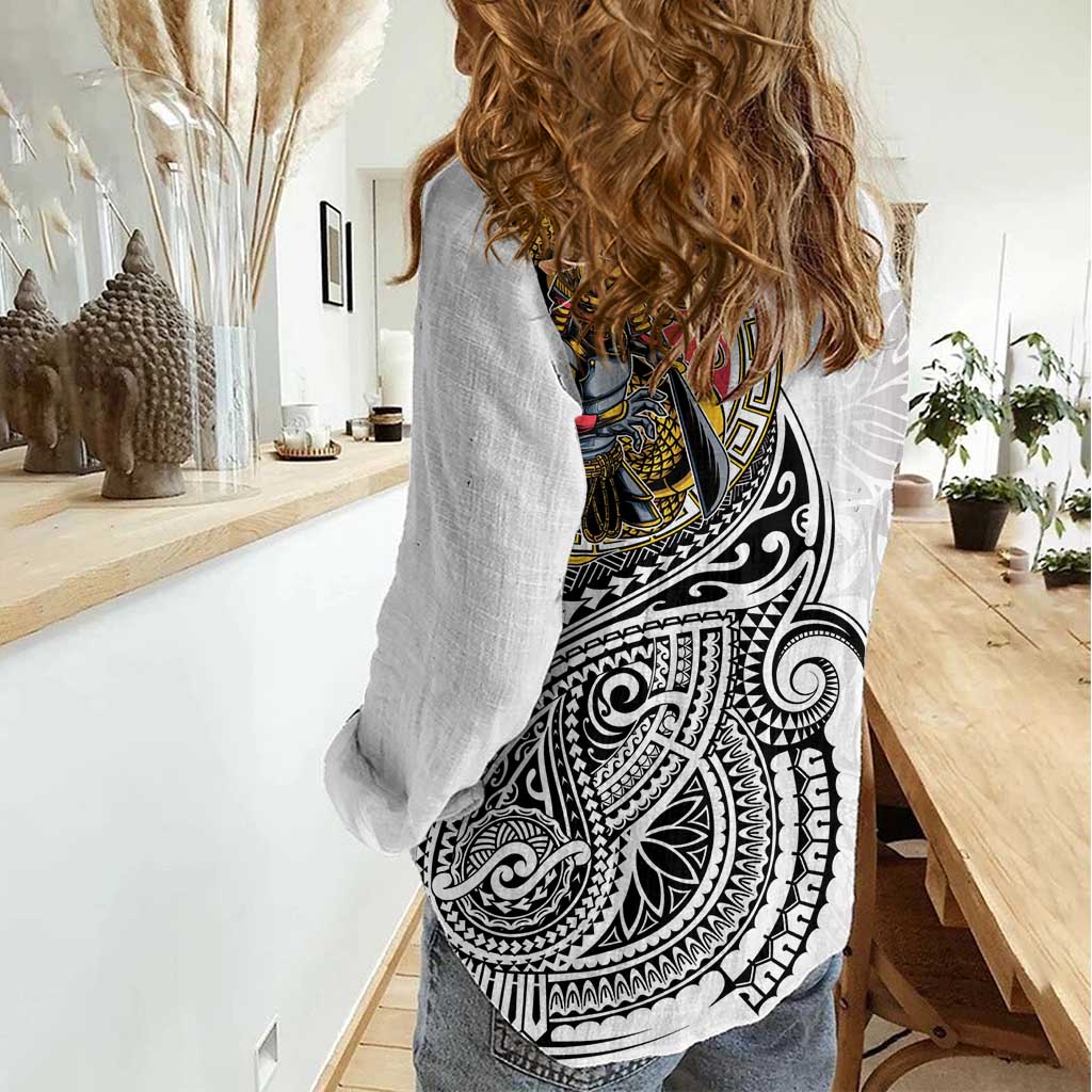 Japanese Samurai Warrior Women Casual Shirt White Polynesian Tattoo Style LT9 - Polynesian Pride