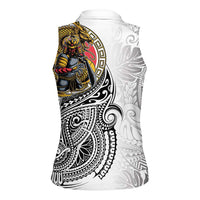 Japanese Samurai Warrior Women Sleeveless Polo Shirt White Polynesian Tattoo Style