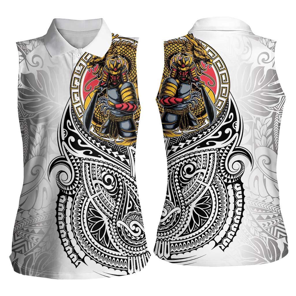 Japanese Samurai Warrior Women Sleeveless Polo Shirt White Polynesian Tattoo Style