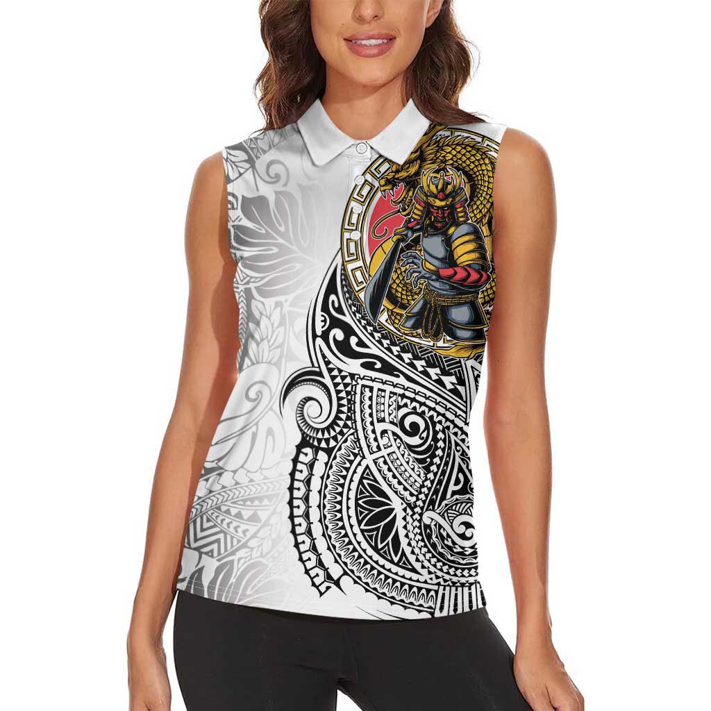 Japanese Samurai Warrior Women Sleeveless Polo Shirt White Polynesian Tattoo Style