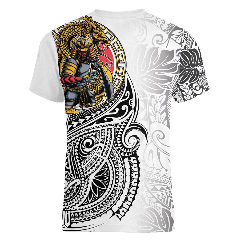 Japanese Samurai Warrior Women V-Neck T-Shirt White Polynesian Tattoo Style