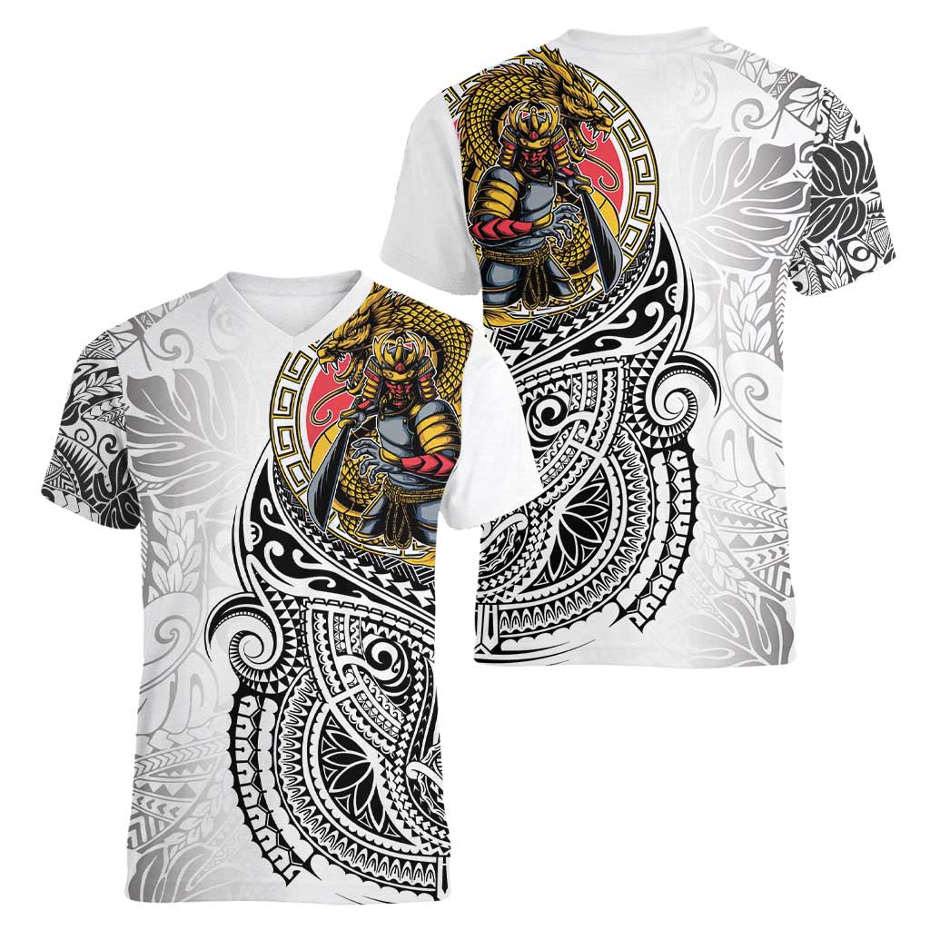 Japanese Samurai Warrior Women V-Neck T-Shirt White Polynesian Tattoo Style