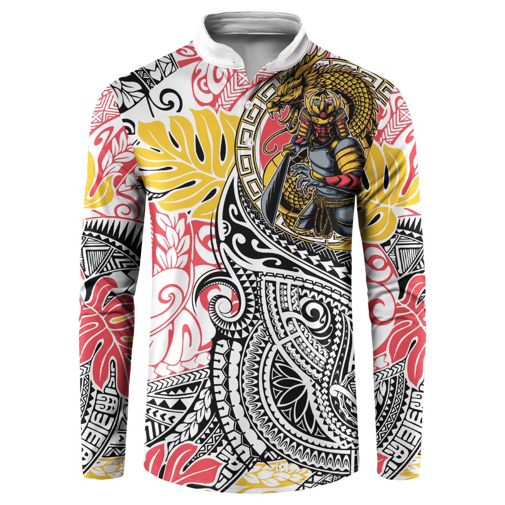Japanese Samurai Warrior Button Sweatshirt Colorful Polynesian Tattoo Style LT9 White - Polynesian Pride
