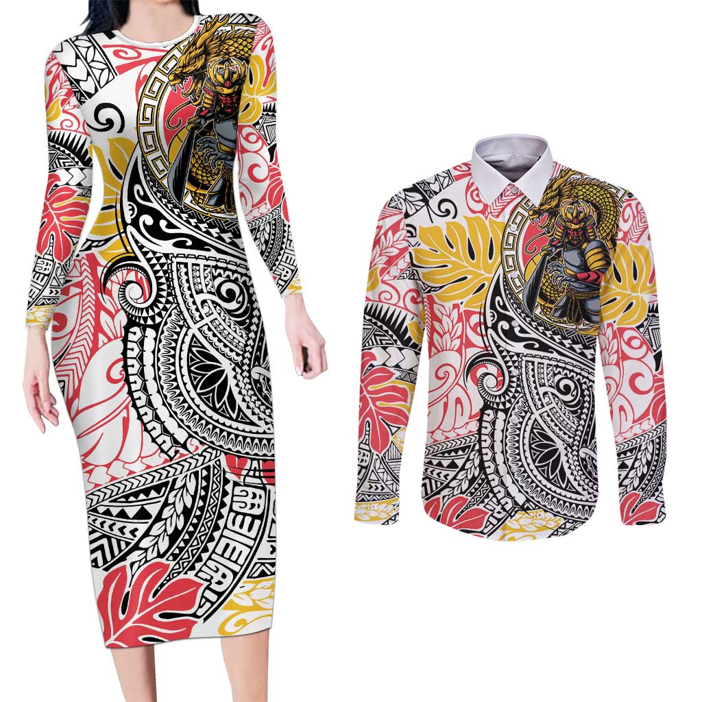 Japanese Samurai Warrior Couples Matching Long Sleeve Bodycon Dress and Long Sleeve Button Shirt Colorful Polynesian Tattoo Style