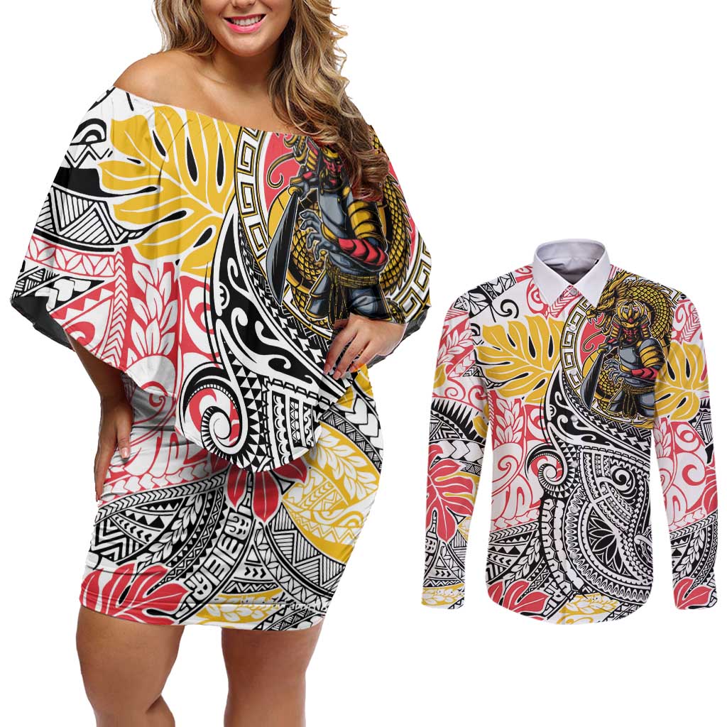 Japanese Samurai Warrior Couples Matching Off Shoulder Short Dress and Long Sleeve Button Shirt Colorful Polynesian Tattoo Style