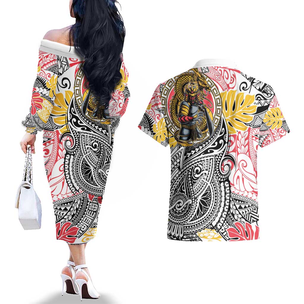 Japanese Samurai Warrior Couples Matching Off The Shoulder Long Sleeve Dress and Hawaiian Shirt Colorful Polynesian Tattoo Style