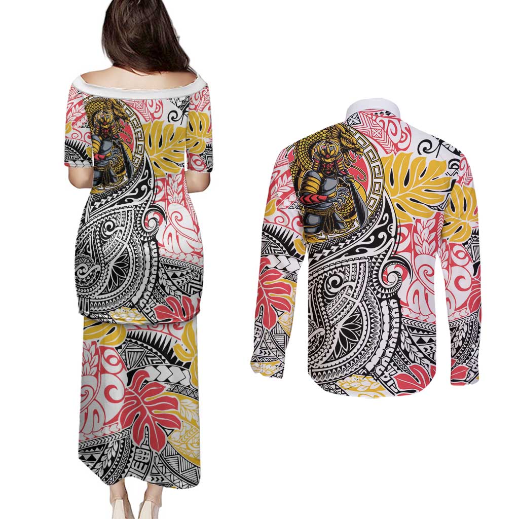 Japanese Samurai Warrior Couples Matching Puletasi and Long Sleeve Button Shirt Colorful Polynesian Tattoo Style