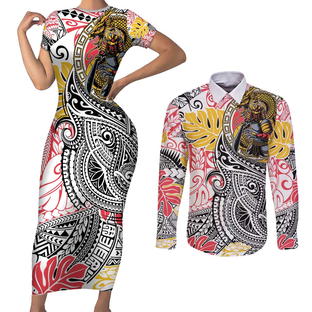 Japanese Samurai Warrior Couples Matching Short Sleeve Bodycon Dress and Long Sleeve Button Shirt Colorful Polynesian Tattoo Style