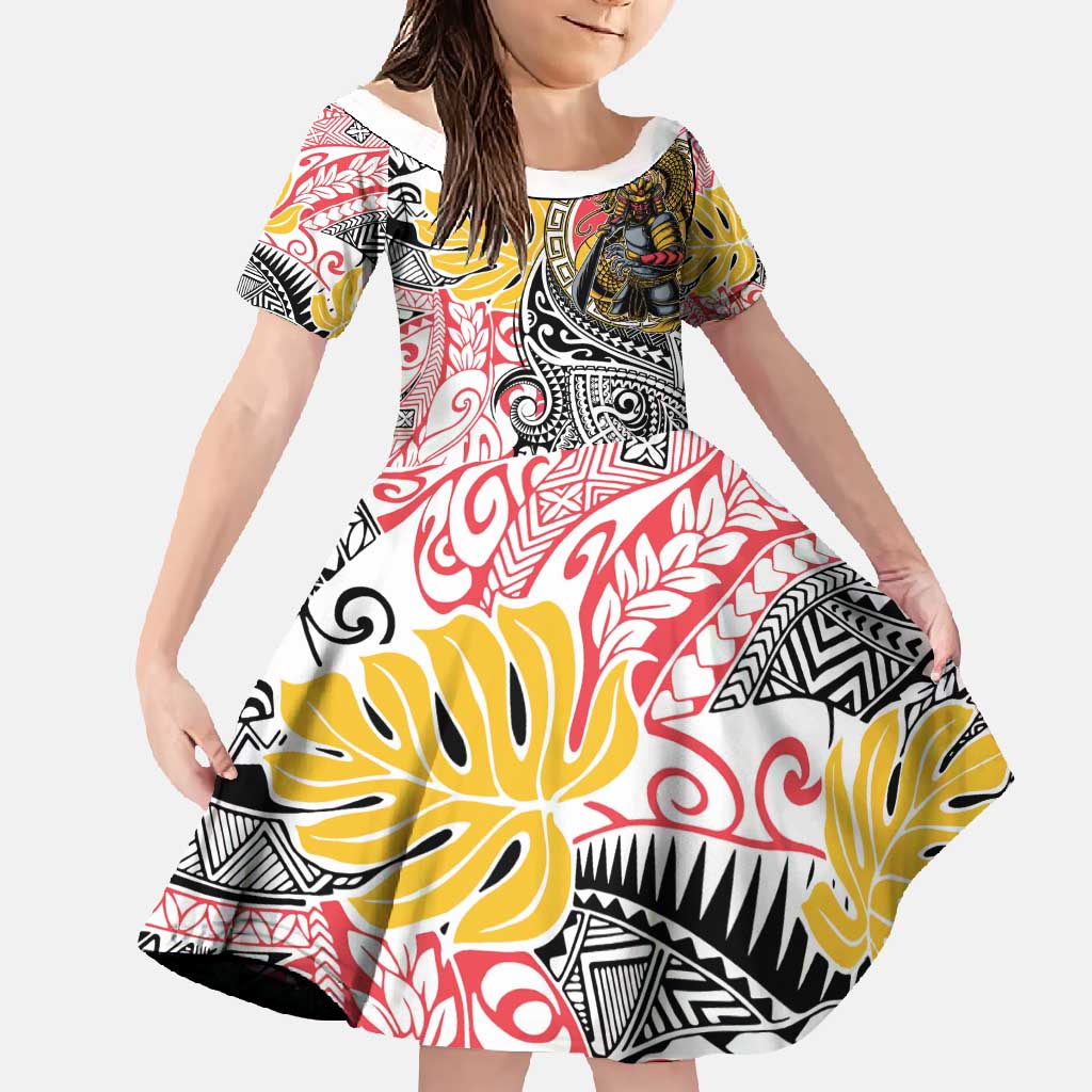Japanese Samurai Warrior Family Matching Long Sleeve Bodycon Dress and Hawaiian Shirt Colorful Polynesian Tattoo Style LT9 Daughter's Dress White - Polynesian Pride