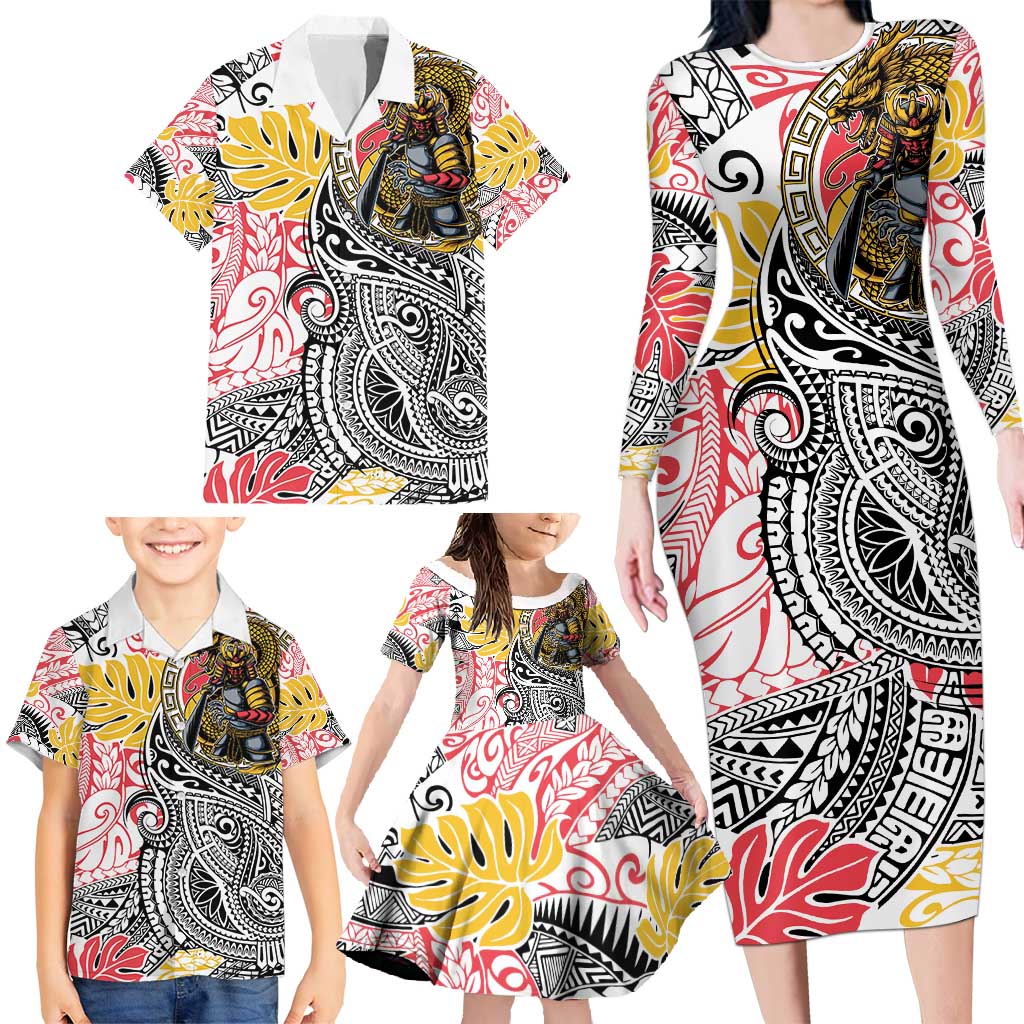Japanese Samurai Warrior Family Matching Long Sleeve Bodycon Dress and Hawaiian Shirt Colorful Polynesian Tattoo Style LT9 - Polynesian Pride