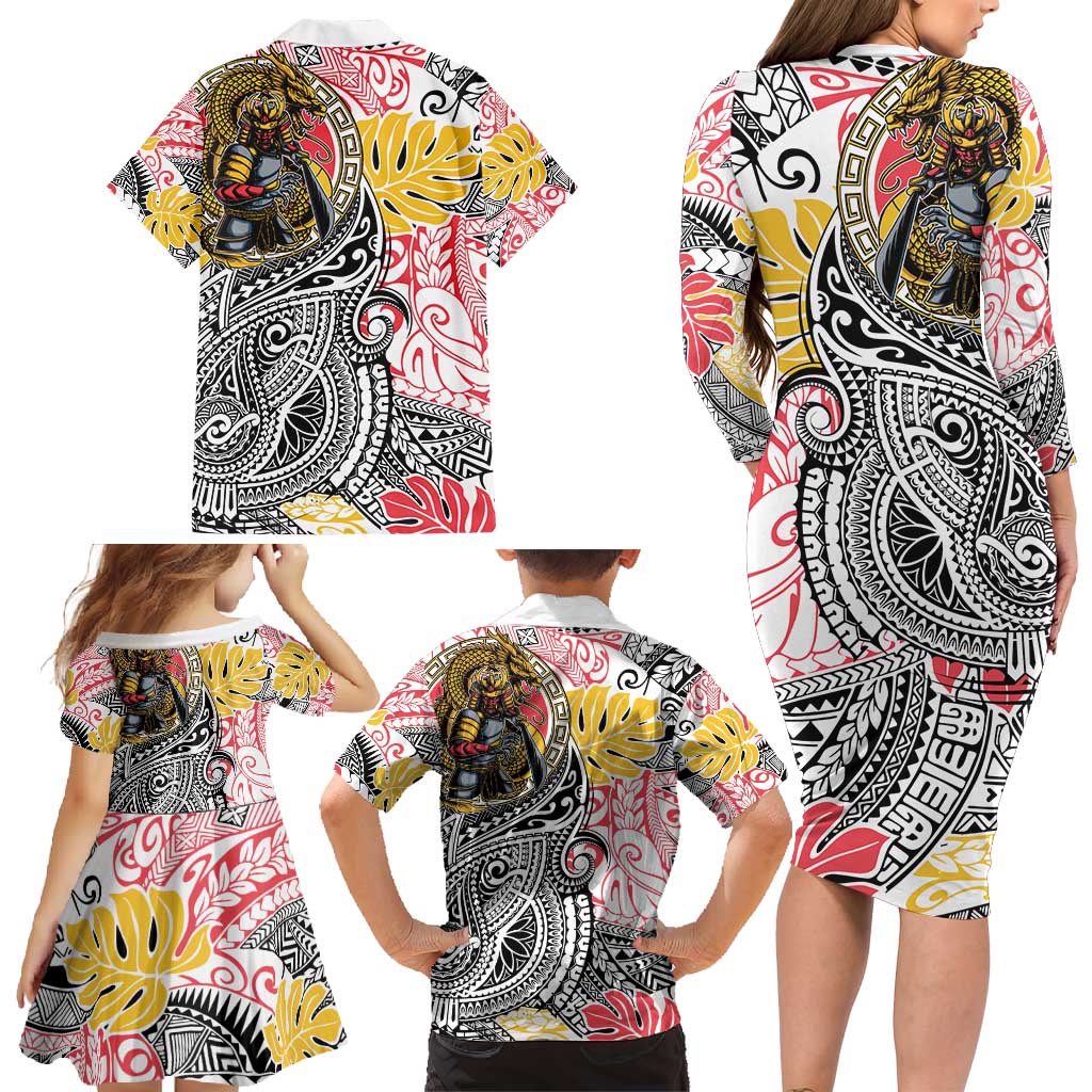 Japanese Samurai Warrior Family Matching Long Sleeve Bodycon Dress and Hawaiian Shirt Colorful Polynesian Tattoo Style LT9 - Polynesian Pride
