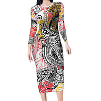 Japanese Samurai Warrior Family Matching Long Sleeve Bodycon Dress and Hawaiian Shirt Colorful Polynesian Tattoo Style LT9 Mom's Dress White - Polynesian Pride