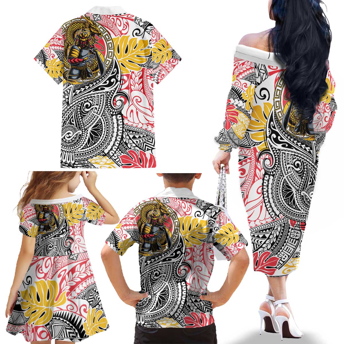 Japanese Samurai Warrior Family Matching Off The Shoulder Long Sleeve Dress and Hawaiian Shirt Colorful Polynesian Tattoo Style LT9 - Polynesian Pride